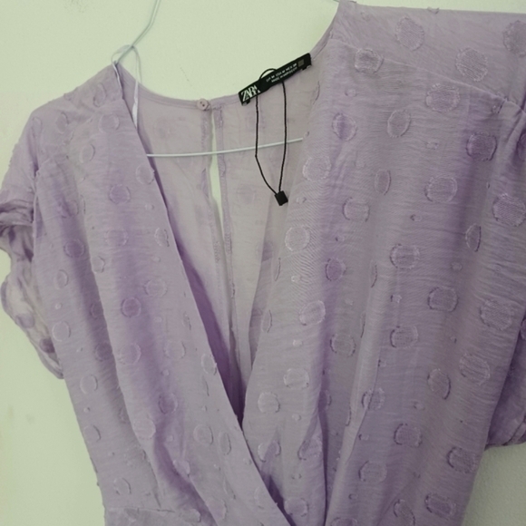 Zara Blogger Fave Lilac Textured Weave Polka Dot Draped Midi Dress NWOT - Picture 14 of 16